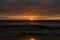 Panoramic view of sunset in ocean. Nothing but sky, clouds, beach and water. Beautiful serene scene