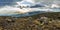 Panoramic view of sunset over Mount Meru in Tanzania taken from the Shira Cave camp on the Machame route of Kilimanjaro