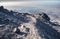 Panoramic view at sunset from the slope of Mount Ararat to the hills and rocks below