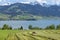 Panoramic view of Swiss mountain village in Alps