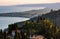 Panoramic view of Taormina shore at Ionian sea with Giardini Naxos and Villagonia towns in Messina region of Sicily in Italy