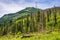 Panoramic view of Tatra Mountains across Bialka Tatrzanska river with slops and forest seen from the track to Morskie Oko lake in