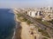 Panoramic view of Tel Aviv coastline shot on a sunny fine day. Metropolitan area and Mediterranean sea. Israel`s second