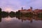 Panoramic view of Telc castle, pond with park, Name of Jesus Church and tower of the Church of St. Jakub