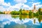 Panoramic view of Telc historical center. Water reflection, Czech Republic. UNESCO World Heritage Site.