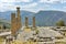 Panoramic view of The Temple of Apollo in Ancient Greek archaeological site of Delphi, Greece