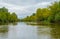 Panoramic view of Teteriv River, which floats on the territory of Ukraine. Photos from the boat on the middle of the river. Ahead