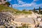 Panoramic view of Theatre of Dionysos Eleuthereus ancient Greek theater at slope of Acropolis hill in Athens, Greece