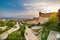 Panoramic view of Thessaloniki city and castles, sunset time, Gr