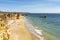 Panoramic view of Three castles Beach in Portimao, portuguese Algarve, Portugal