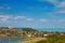 Panoramic view of Tihany village with the famous abbey on the top of the hill and the Lake Balaton in the background and the inner