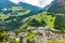 Panoramic view from the Timmelsjoch high alpine road in Texelgruppe to village of Moos in Passeier region,  Oetztal Alps,  Tyrol,