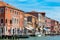 Panoramic view to canal in Murano, the island of venice with historic glass blowing industry
