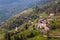 Panoramic view to Castle Thurnstein and Church Sankt Peter ob Gratsch, from municipality village of Tirol, South Tyrol, Italy.