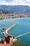 Panoramic view to the city of Alanya, marina, sea and mountains from the top of the fortress wall