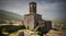 Panoramic view to Gjirokastra castle with the wall, tower and Clock, Gjirokaster, Albania