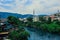 Panoramic View to the Spring and Green cityscape of Mostar,