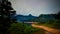 Panoramic view to Sri Pada peak and lake with tea plantation at Nuwara Eliya, Sri Lanka