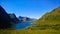 Panoramic view to Storvatnet and Litlvatnet lakes at Flakstadoya Island, Lofoten, Norway