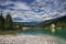Panoramic view of Toblacher see Dobbiaco lake in South Tyrol in the summer season, Italy
