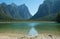 Panoramic view of Toblacher see in the italian alps, Alto Adige