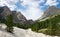 Panoramic view of Torri Del Vajolet and Rosengarten Catinaccio mountain in Dolomites, Italy