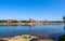 Panoramic view of Torun city and Wisla river in sunny day. Poland, summer 2019