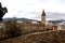 Panoramic view of the tower bells and big clock of the archpriestal Saint Santiago church in Villena city
