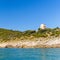 Panoramic view of tower at San Felice Bay; Apulia, Italy.