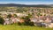 Panoramic view of town Checiny in Swietokrzyskie Mountains seen from Royal Castle medieval fortress hill near Kielce in Poland
