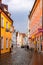 Panoramic view of traditional colorful gothic houses in Old Town, Landshut, Bavaria, Germany.