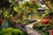 panoramic view of a tranquil garden, with vibrant blooming flowers, winding pathways, and lush greenery, creating a peaceful