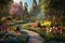 panoramic view of a tranquil garden, with vibrant blooming flowers, winding pathways, and lush greenery, creating a peaceful