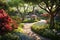 panoramic view of a tranquil garden, with vibrant blooming flowers, winding pathways, and lush greenery, creating a peaceful