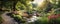 panoramic view of a tranquil garden, with vibrant blooming flowers, winding pathways, and lush greenery panorama