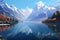 panoramic view of a tranquil lake surrounded by towering mountains, with the reflection of the snow-capped peaks shimmering