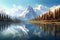 panoramic view of a tranquil lake surrounded by towering mountains, with the reflection of the snow-capped peaks shimmering