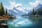 panoramic view of a tranquil lake surrounded by towering mountains, with the reflection of the snow-capped peaks shimmering