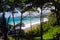 Panoramic view on turquoise coastline through trees near Port Antonio, Jamaica