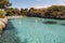 Panoramic view of turquoise water in Cala Ferrera in a sunny day, Cala D`Or, Majorca