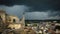 Panoramic view from Valkenburg Castle with dark clouds