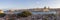 Panoramic view of Valletta, seafront skyline of the capital city of Malta from Sliema shoreline with green flora