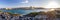 Panoramic view of Valletta, seafront skyline of the capital city of Malta from Sliema shoreline with green flora