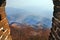 Panoramic view of the valley close to the Mutianyu section from a tower of the Great Wall of China, surrounded by