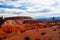 Panoramic view on valley with red hills and dry bare conifer trees