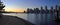 Panoramic view of Vancouver Skyline at Sunset from False Creek at Cambie Bridge, British Columbia, Canada