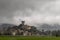 Panoramic view of Vicopisano, Italy, on a rainy and foggy winter day