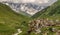 Panoramic view of village Usghuli with old stone towers under the highest georgian mountain Shkhara