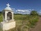 Panoramic view in the vineyards, church Candelakia  and sky with clouds on on the island of Evia, Greece