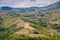 Panoramic view of the vineyards surrounding the picturesque french village of Oingt in the Beaujolais wine road